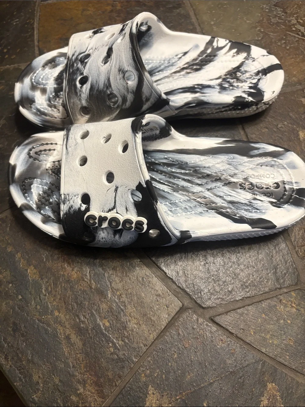 CROCS Kids Black & White Marble Slide Sandals